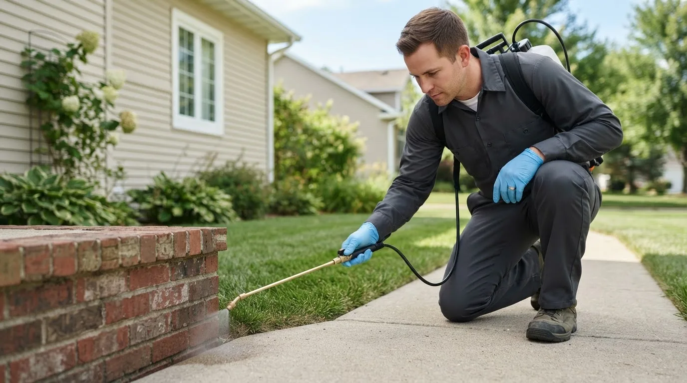 Pest control technician treating a home near Somonauk, IL